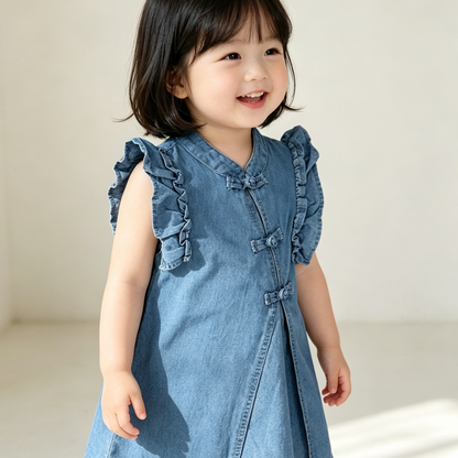Chinese Knot Light Denim Girl Dress (Last Size:100/120)