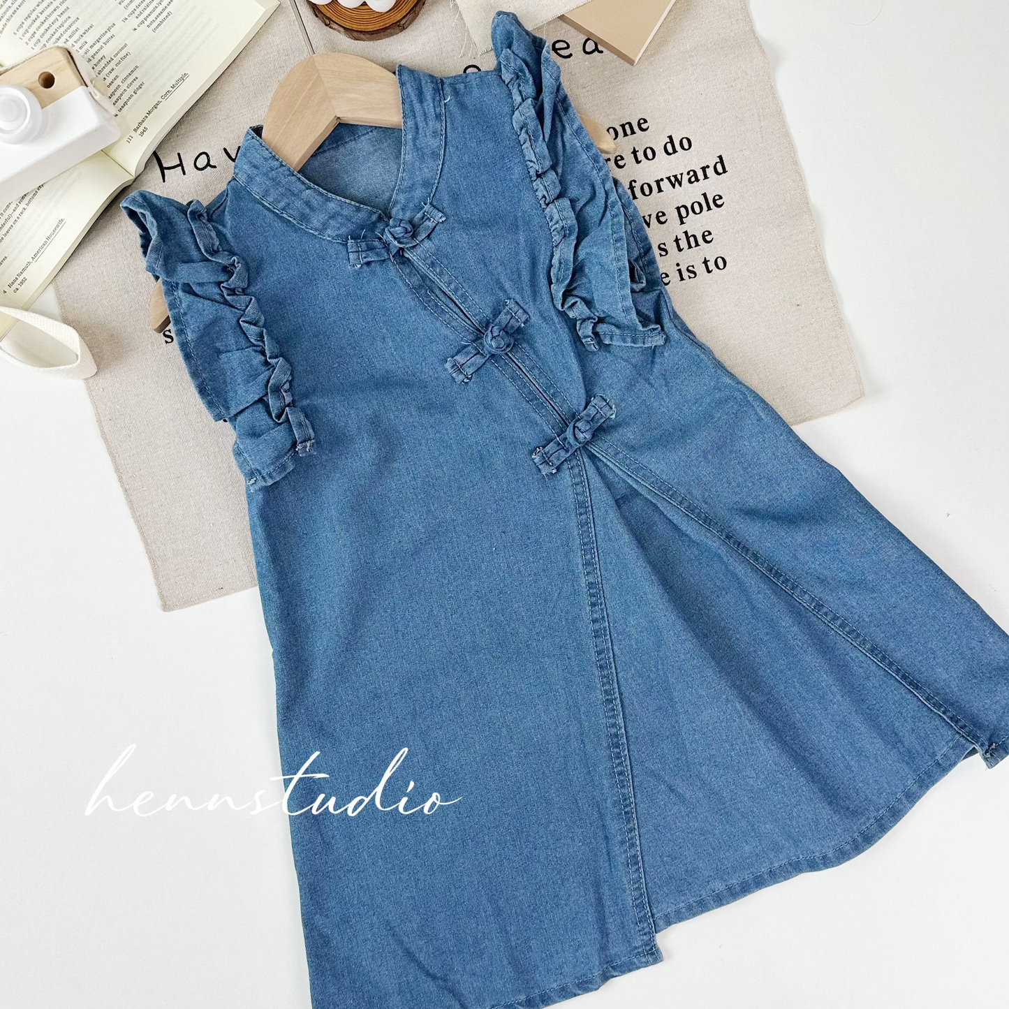 Chinese Knot Light Denim Girl Dress (Last Size:100/120)
