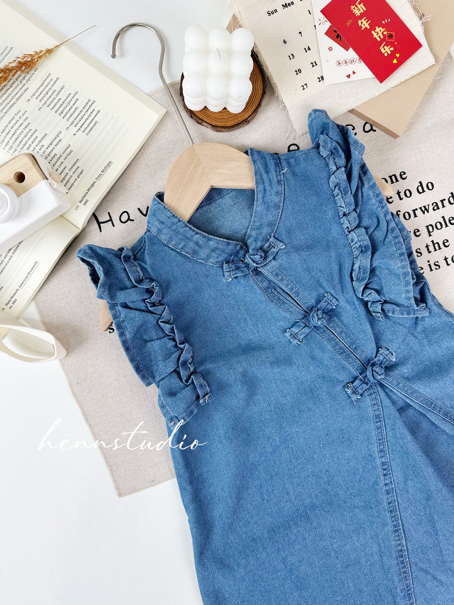 Chinese Knot Light Denim Girl Dress (Last Size:100/120)